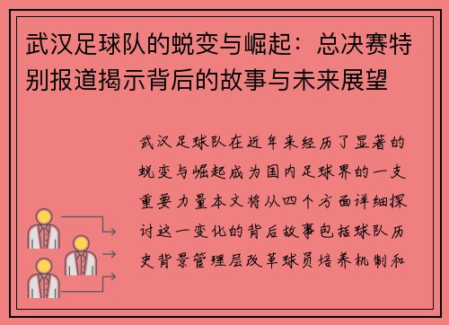武汉足球队的蜕变与崛起：总决赛特别报道揭示背后的故事与未来展望