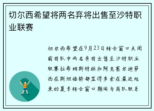 切尔西希望将两名弃将出售至沙特职业联赛